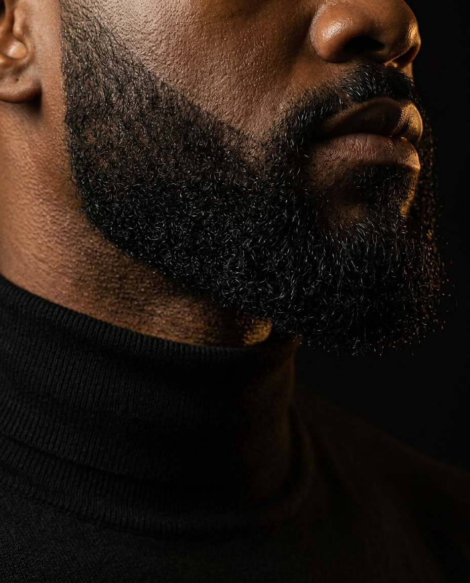 Close up of a thick sculpted beard and clean jawline above a black turtleneck
