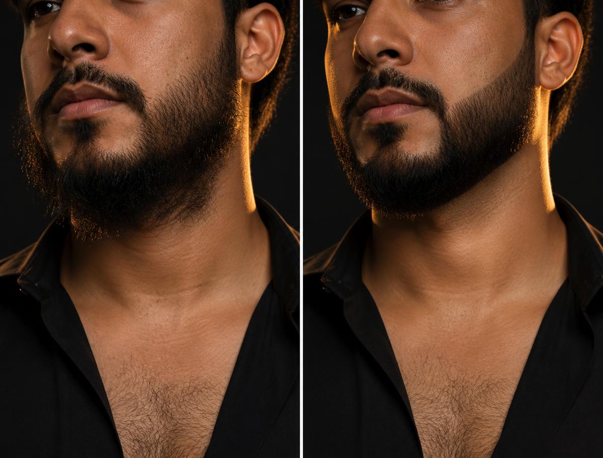 Before and after of a Latino man's frizzy beard becoming soft, shaped and conditioned