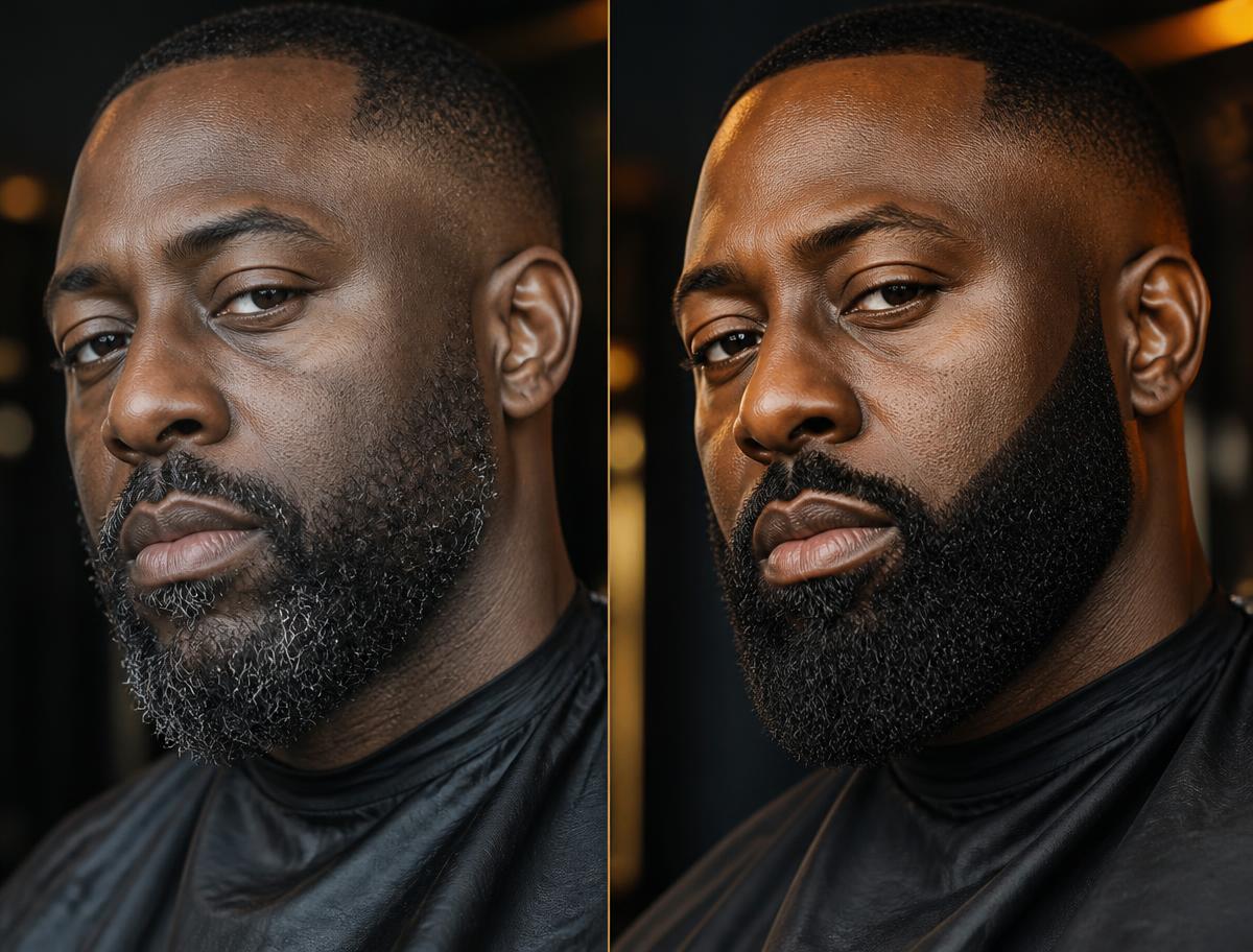Before and after of a Black man in his forties with a patchy beard becoming fuller, darker and tapered