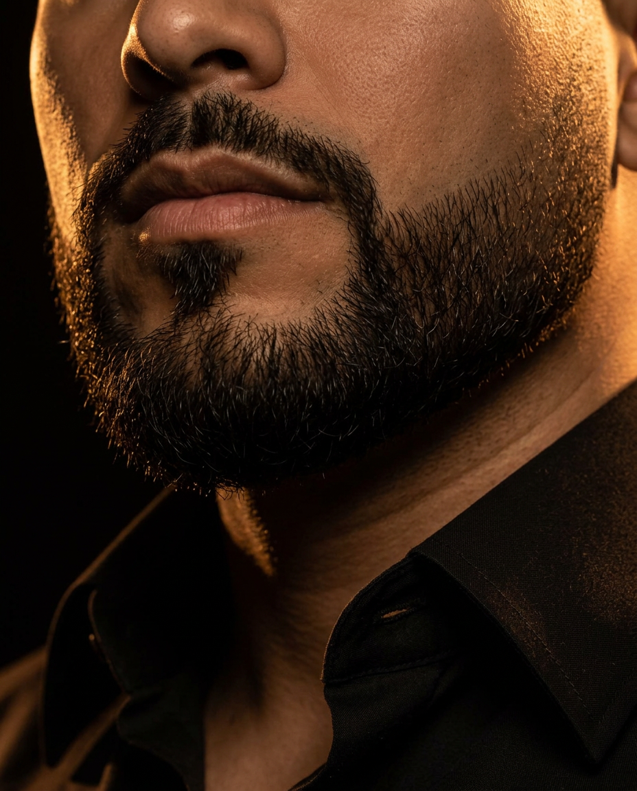 Close up of a dark tapered beard and moustache with a clean edge along the jaw