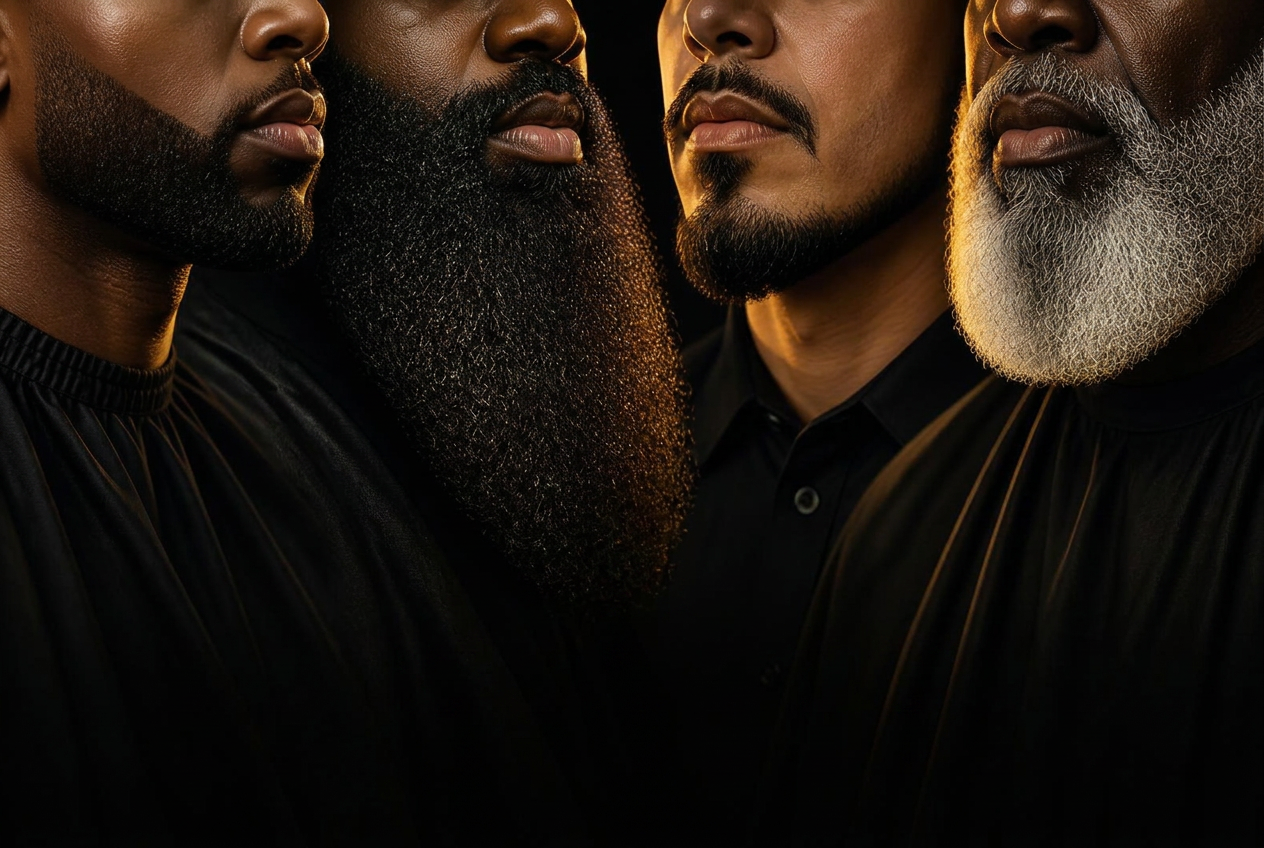 Close up of four different beard styles including a short lineup, a long full beard, a goatee and a salt and pepper gray beard