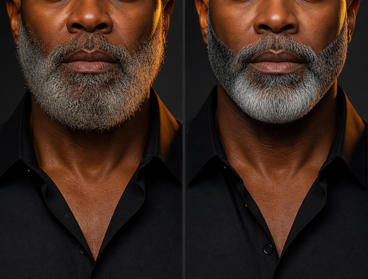 Before and after of an older Black man's dull gray beard becoming rich salt and pepper with sheen