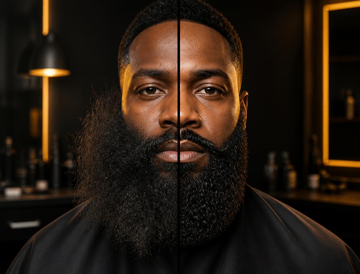 Before and after of a Black man with a long coily beard becoming conditioned, defined and sculpted