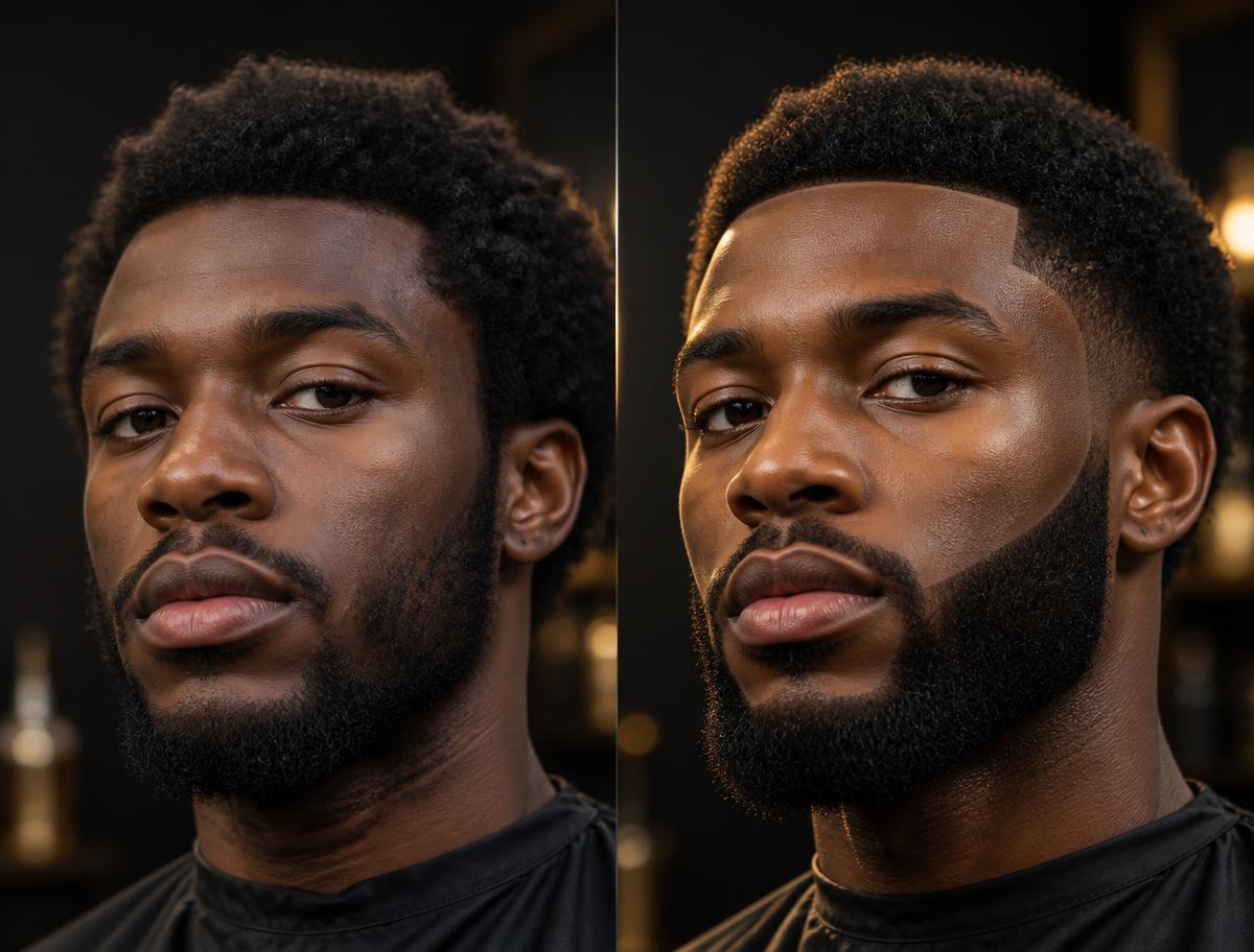 Before and after of a Black man in his early twenties with a rough beard becoming a crisp sharp lineup