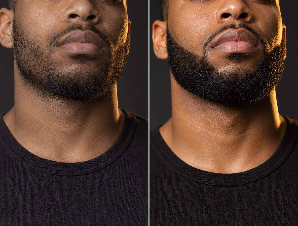 Before and after of a young Black man's patchy beard becoming full and sharply lined up